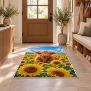 Highland Cow Sunflower Field Rug in an entryway with a wooden door and bench