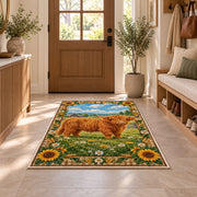 Highland Cow Farm Scene Rug in an entryway with a wooden door and bench