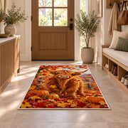 Highland Cow Autumn Rug in an entryway with a wooden door and bench