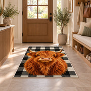 Highland Cow Buffalo Check Rug in an entryway with a wooden door and bench