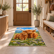 Highland Cow Mom and Calf Rug in an entryway with a wooden door and bench