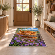 Highland Cow Fence Rug in an entryway with a wooden door and bench