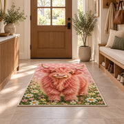 Pink Highland Cow Rug in an entryway with a wooden door and bench