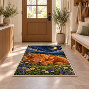 Sleeping Highland Cow Rug in an entryway with a wooden door and bench