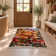Christmas Highland Cow Rug in an entryway with a wooden door and bench