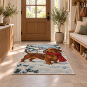 Dachshund Winter Rug in an entryway with a wooden door and bench