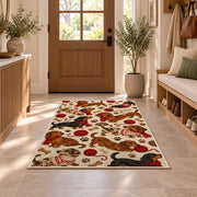 Dachshund Pattern Rug in an entryway with a wooden door and bench