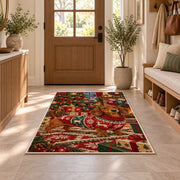 Christmas Dachshund Rug in an entryway with a wooden door and bench