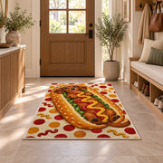 Hot Dog Dachshund Rug in an entryway with a wooden door and bench