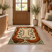 Long Dachshund Border Rug in an entryway with a wooden door and bench