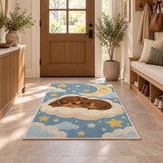 Sleeping Dachshund Puppy Rug in an entryway with a wooden door and bench