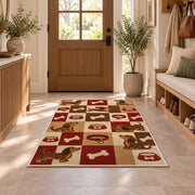 Dachshund Checkered Rug in an entryway with a wooden door and bench