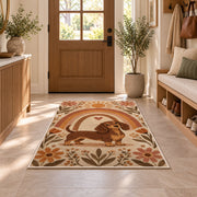 Boho Dachshund Rainbow Rug in an entryway with a wooden door and bench