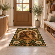 Vintage Dachshund Portrait Rug in an entryway with a wooden door and bench