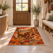 Autumn Dachshund Rug in an entryway with a wooden door and bench