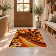 Retro Dachshund Rug in an entryway with a wooden door and bench