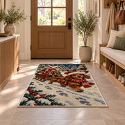 Santa Dachshund Rug in an entryway with a wooden door and bench