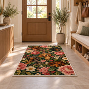 Floral Dachshund Rug in an entryway with a wooden door and bench