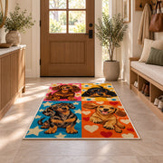 Pop Art Dachshund Rug in an entryway with a wooden door and bench