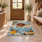Bath Time Dachshund Rug in an entryway with a wooden door and bench