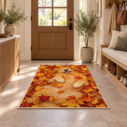 Golden Retriever in Autumn Leaves rug in an entryway with a wooden door and bench