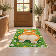 Corgi Butt Welcome rug in an entryway with a wooden door and bench