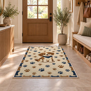 Puppy with Paw Prints and Bones rug in an entryway with a wooden door and bench