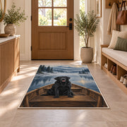 Black Lab in Rowboat rug in an entryway with a wooden door and bench