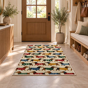 Dachshund Parade in Sweaters rug in an entryway with a wooden door and bench