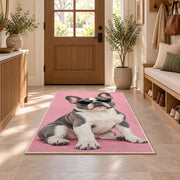French Bulldog in Sunglasses rug in an entryway with a wooden door and bench