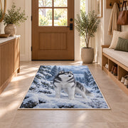 Blue-Eyed Husky in Snowy Forest rug in an entryway with a wooden door and bench