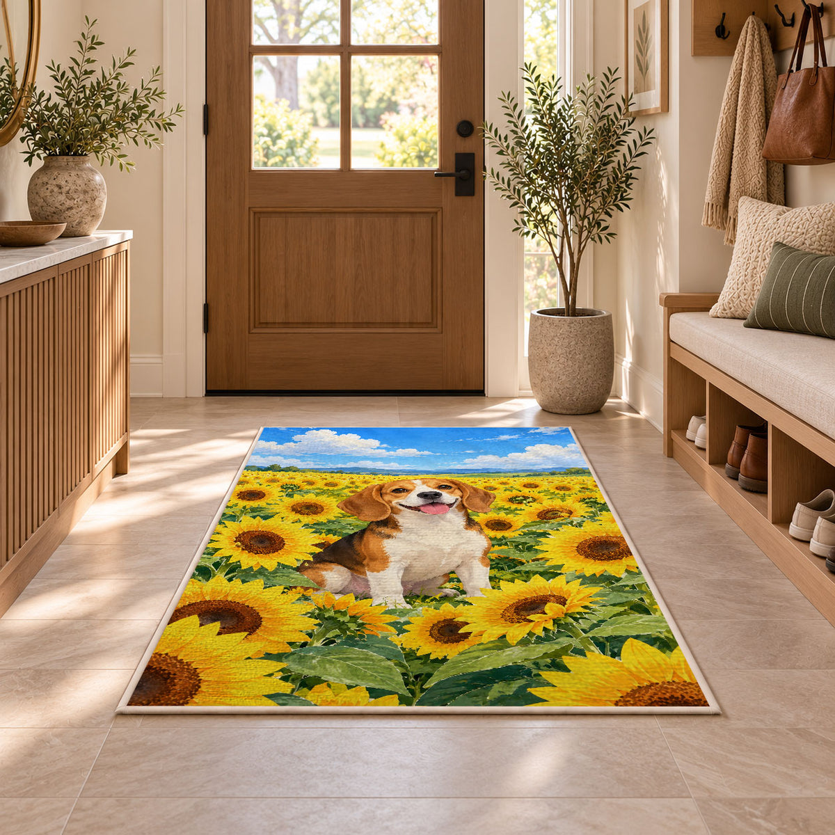 Beagle in Sunflower Field rug in an entryway with a wooden door and bench