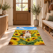 Beagle in Sunflower Field rug in an entryway with a wooden door and bench