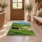 Border Collie Herding Sheep rug in an entryway with a wooden door and bench