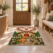 Dog and Cat Cottage Paw Heart rug in an entryway with a wooden door and bench