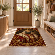 Royal Pug Portrait rug in an entryway with a wooden door and bench