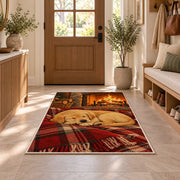 Lab Puppy by the Fireplace rug in an entryway with a wooden door and bench