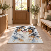Watercolor Australian Shepherd rug in an entryway with a wooden door and bench