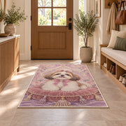 Shih Tzu on Velvet Pillow rug in an entryway with a wooden door and bench