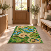 Dog Park Map rug in an entryway with a wooden door and bench