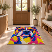 Pop Art Boxer Dog rug in an entryway with a wooden door and bench