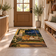 Two Dogs on Porch Swing rug in an entryway with a wooden door and bench