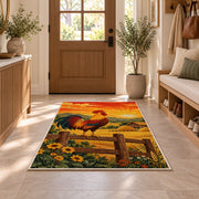 Rooster at Sunrise rug in an entryway with a wooden door and bench