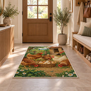 Hens and Fresh Eggs rug in an entryway with a wooden door and bench