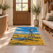 Windmill on the Prairie rug in an entryway with a wooden door and bench