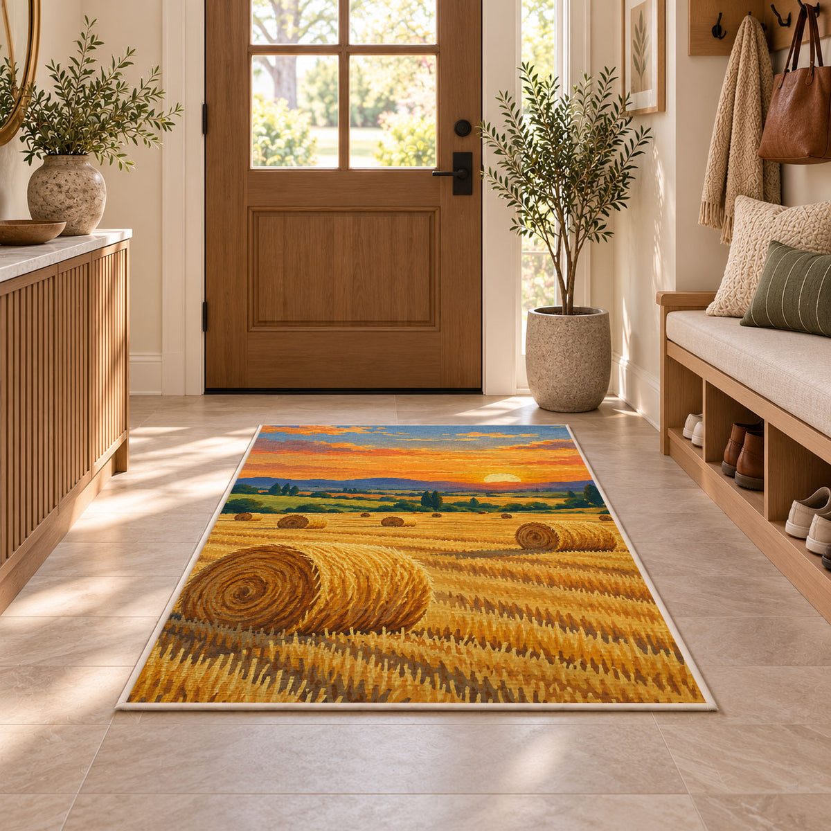 Hay Bales at Golden Hour rug in an entryway with a wooden door and bench