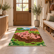 Happy Pig in Mud rug in an entryway with a wooden door and bench