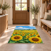 Sunflower Field Farmhouse rug in an entryway with a wooden door and bench