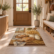 Farmhouse Kitchen Table rug in an entryway with a wooden door and bench