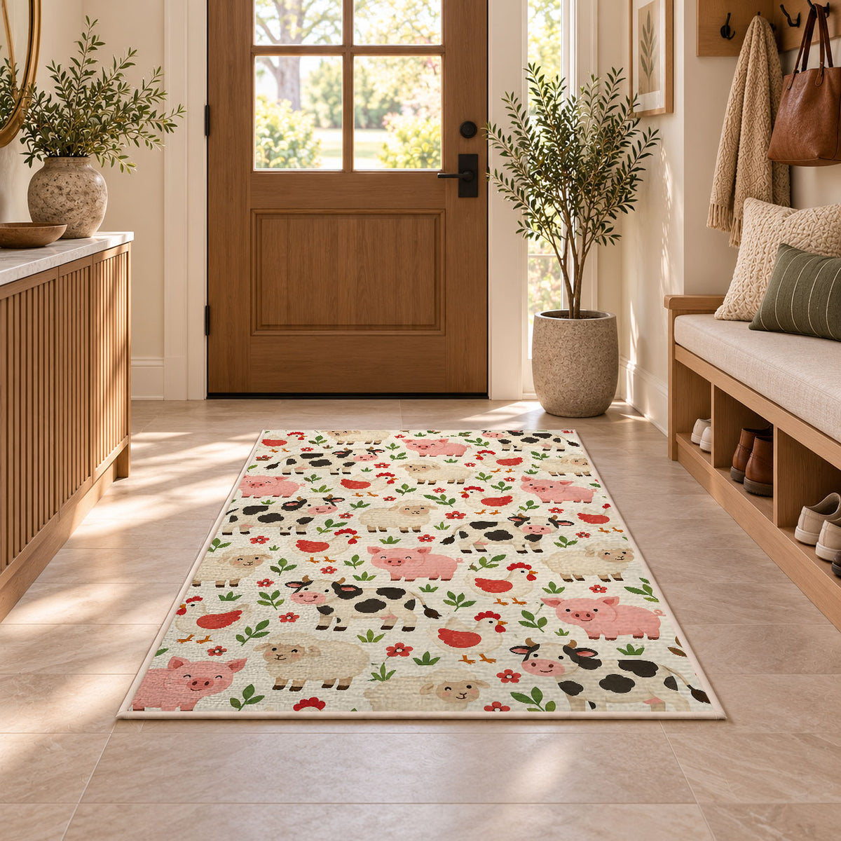 Farm Animals Pattern rug in an entryway with a wooden door and bench